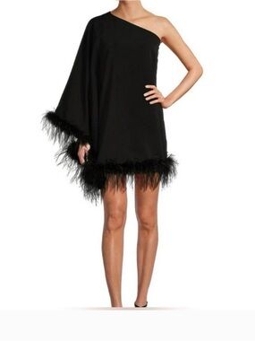 ANTONIO MELANI Black One-Shoulder Feather Trim Mini Dress